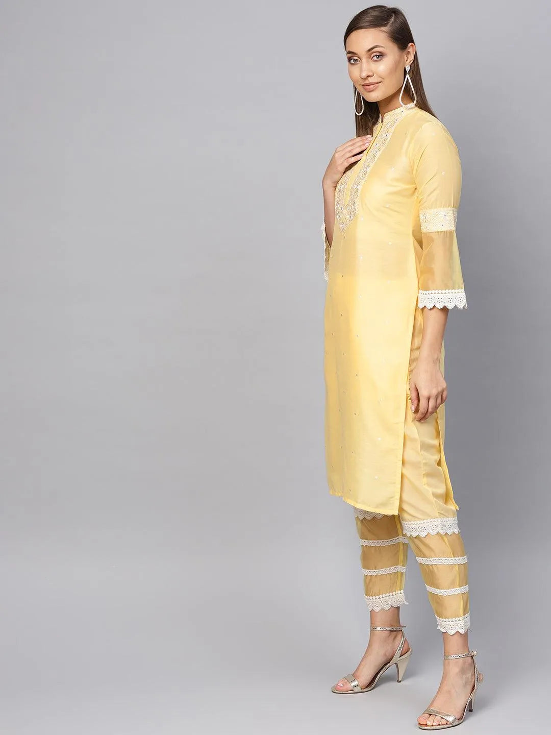 Yellow Embroidered Silk Kurta Set - Libas