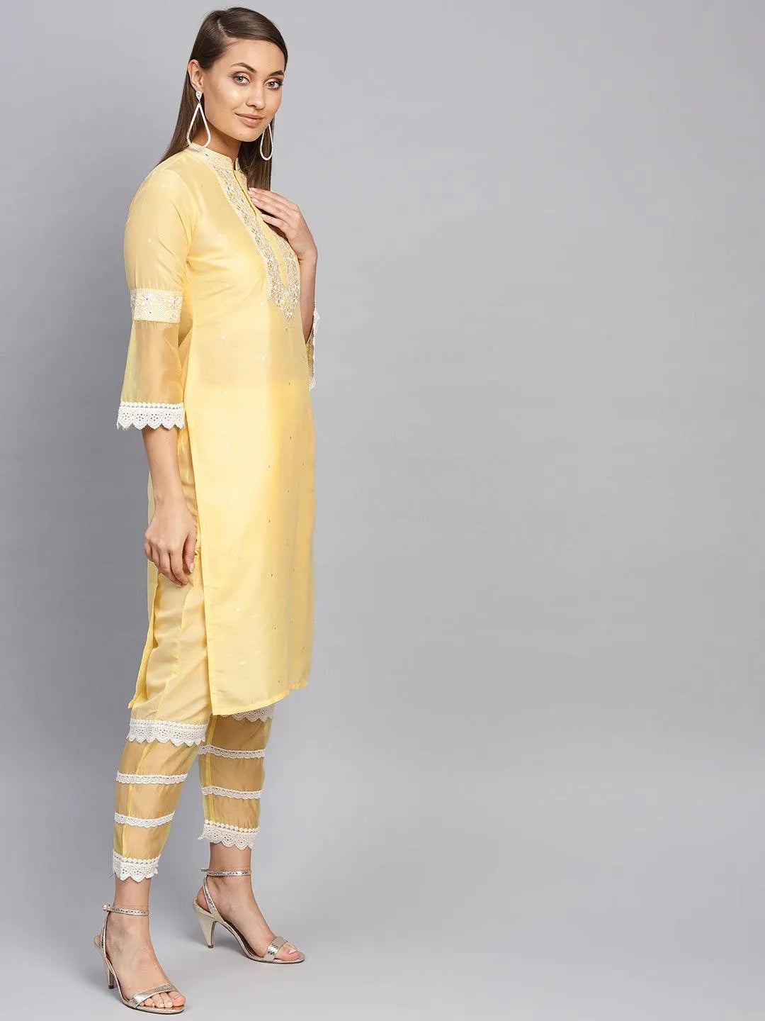 Yellow Embroidered Silk Kurta Set - Libas