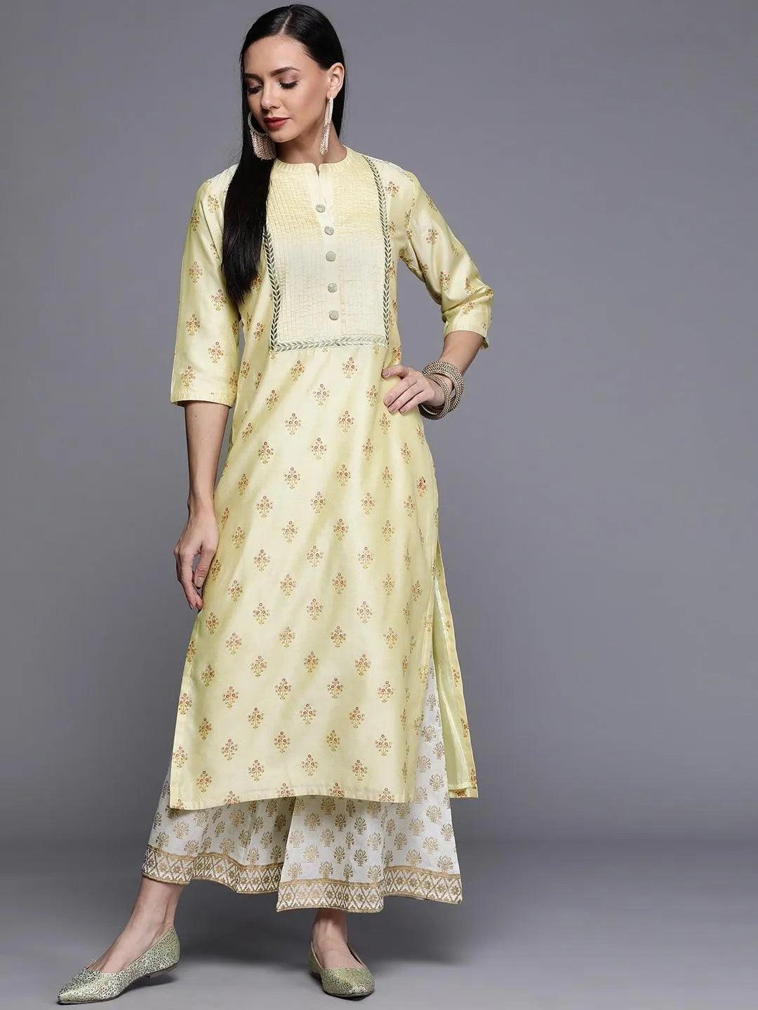 Yellow Printed Chanderi Silk Kurta - Libas