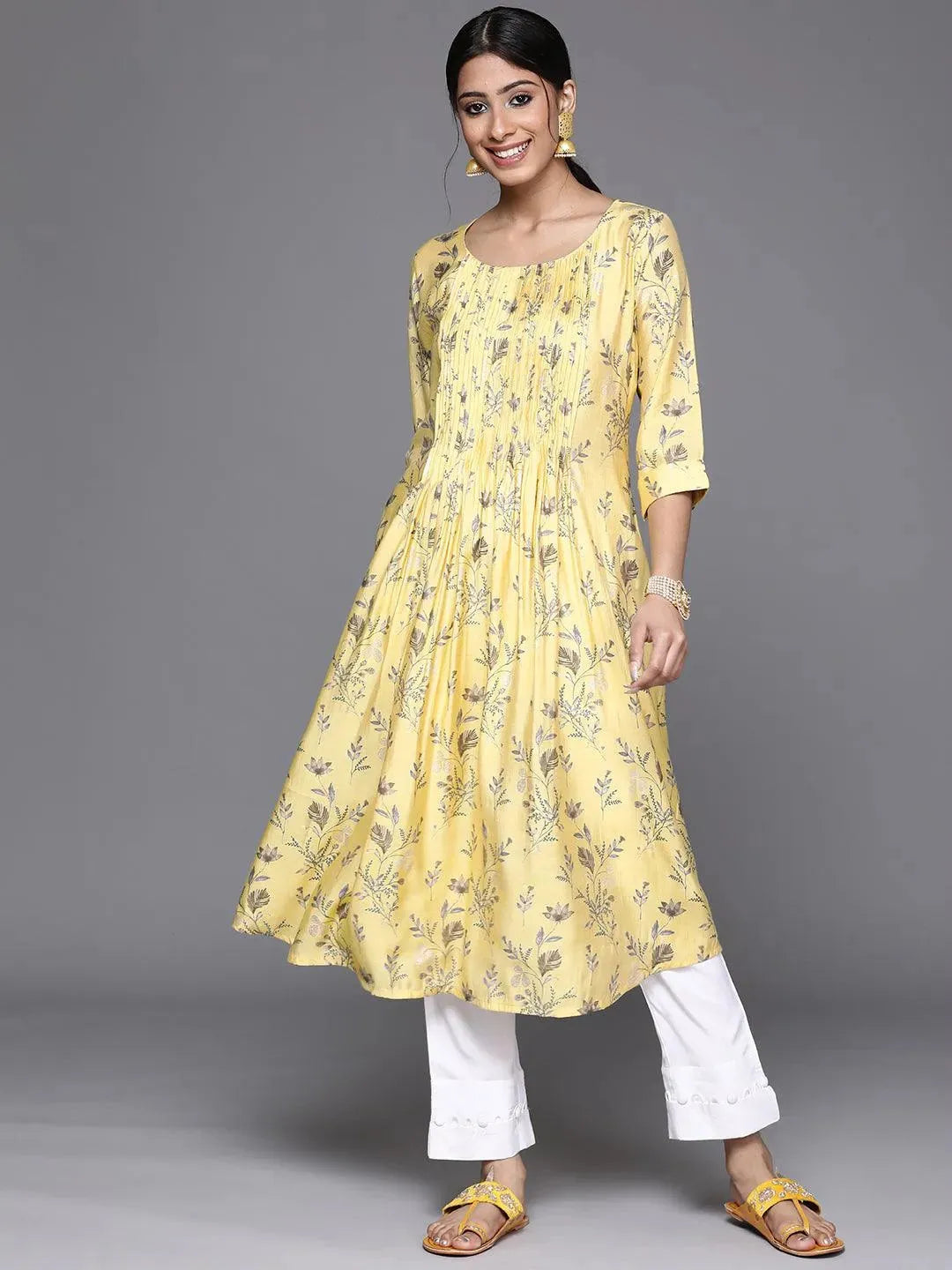 Yellow Printed Chanderi Silk Kurta - Libas 