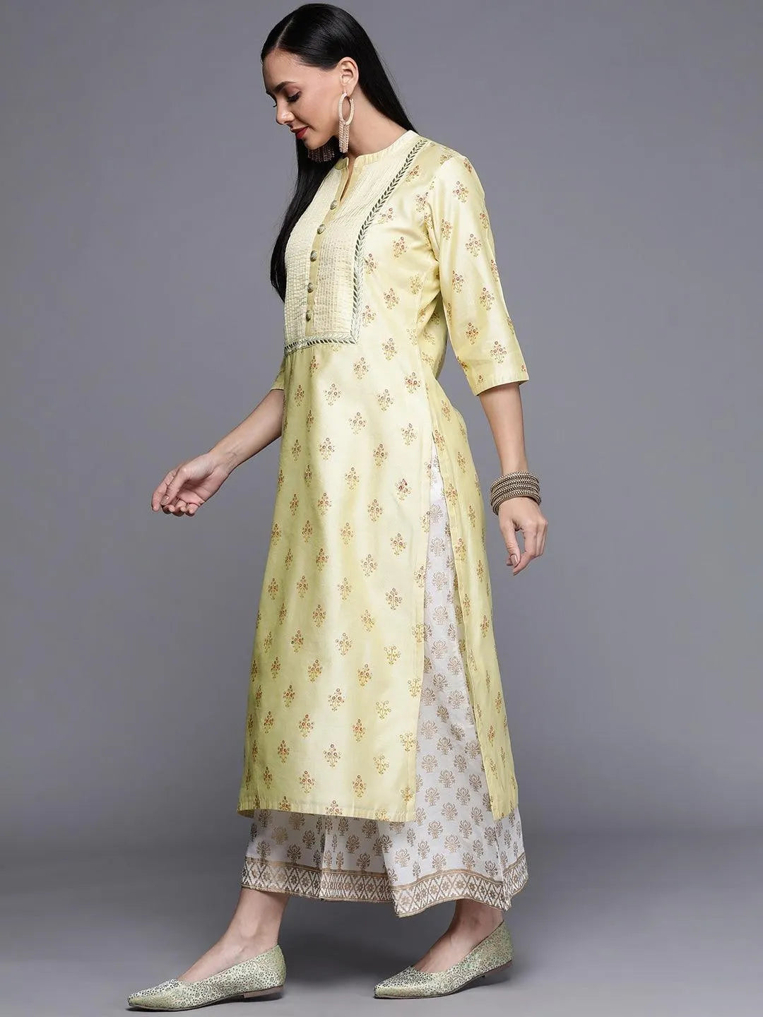 Yellow Printed Chanderi Silk Kurta - Libas 