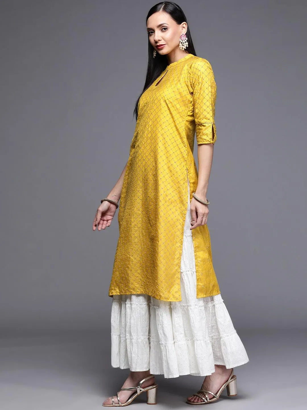 Yellow Printed Chanderi Silk Kurta - Libas