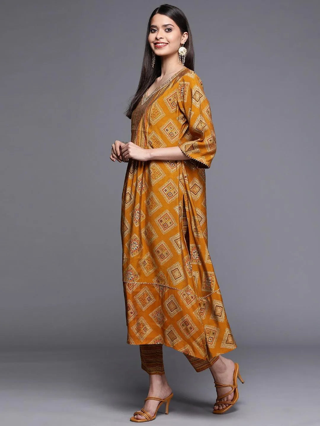 Yellow Printed Chanderi Silk Kurta - Libas