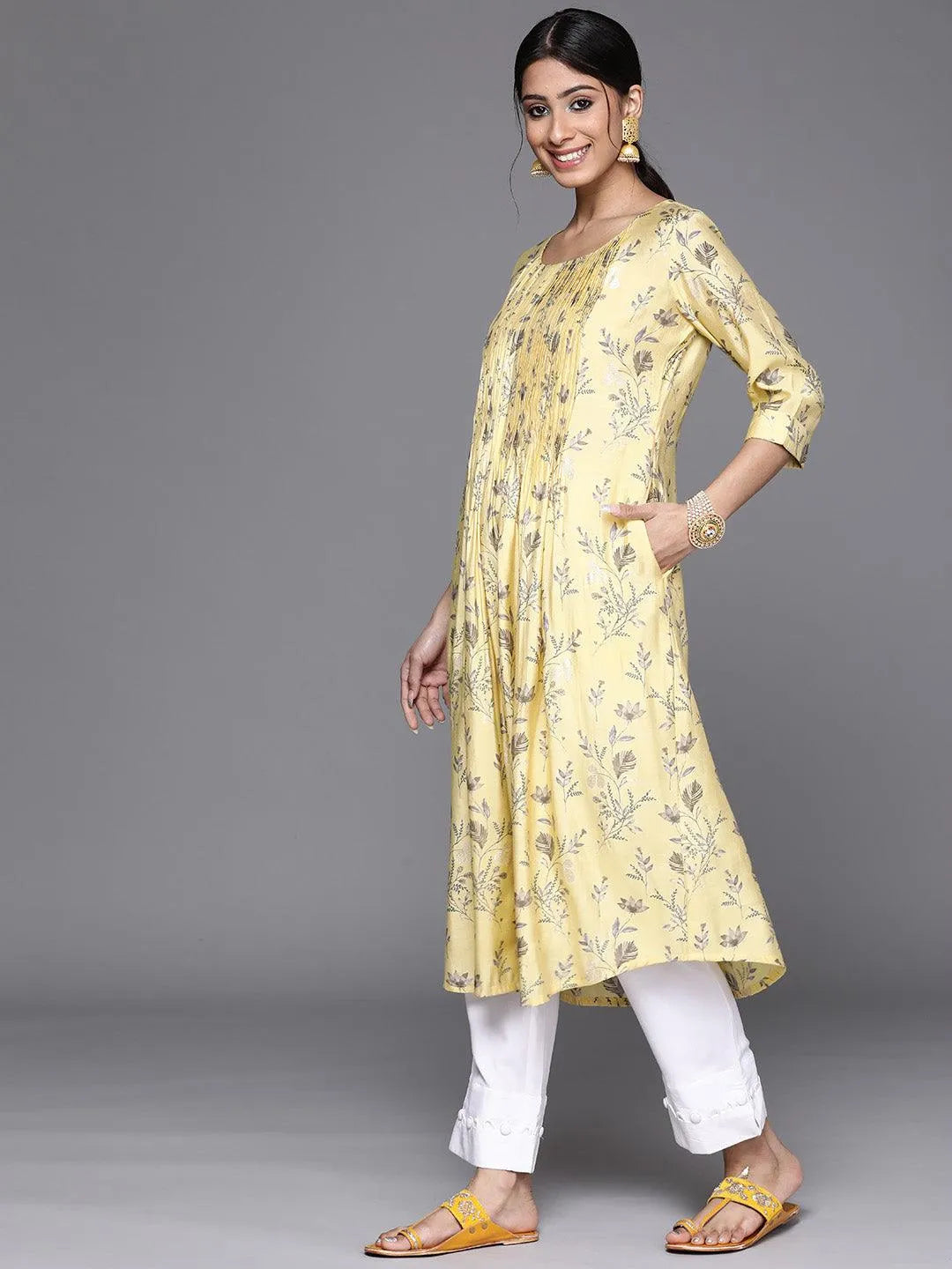 Yellow Printed Chanderi Silk Kurta - Libas 