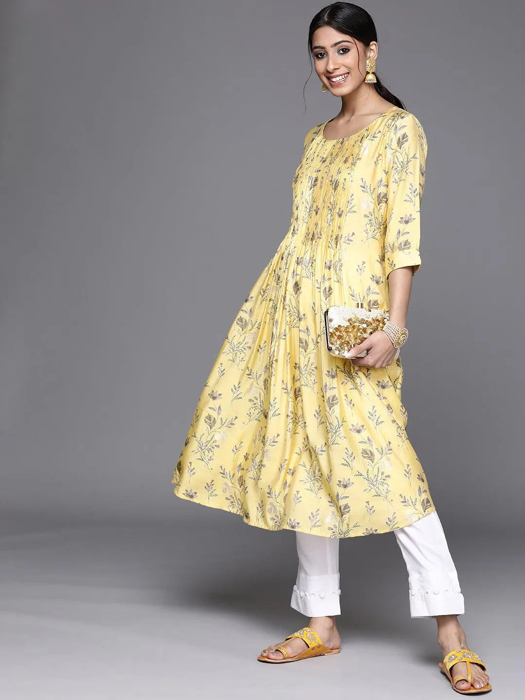 Yellow Printed Chanderi Silk Kurta - Libas 