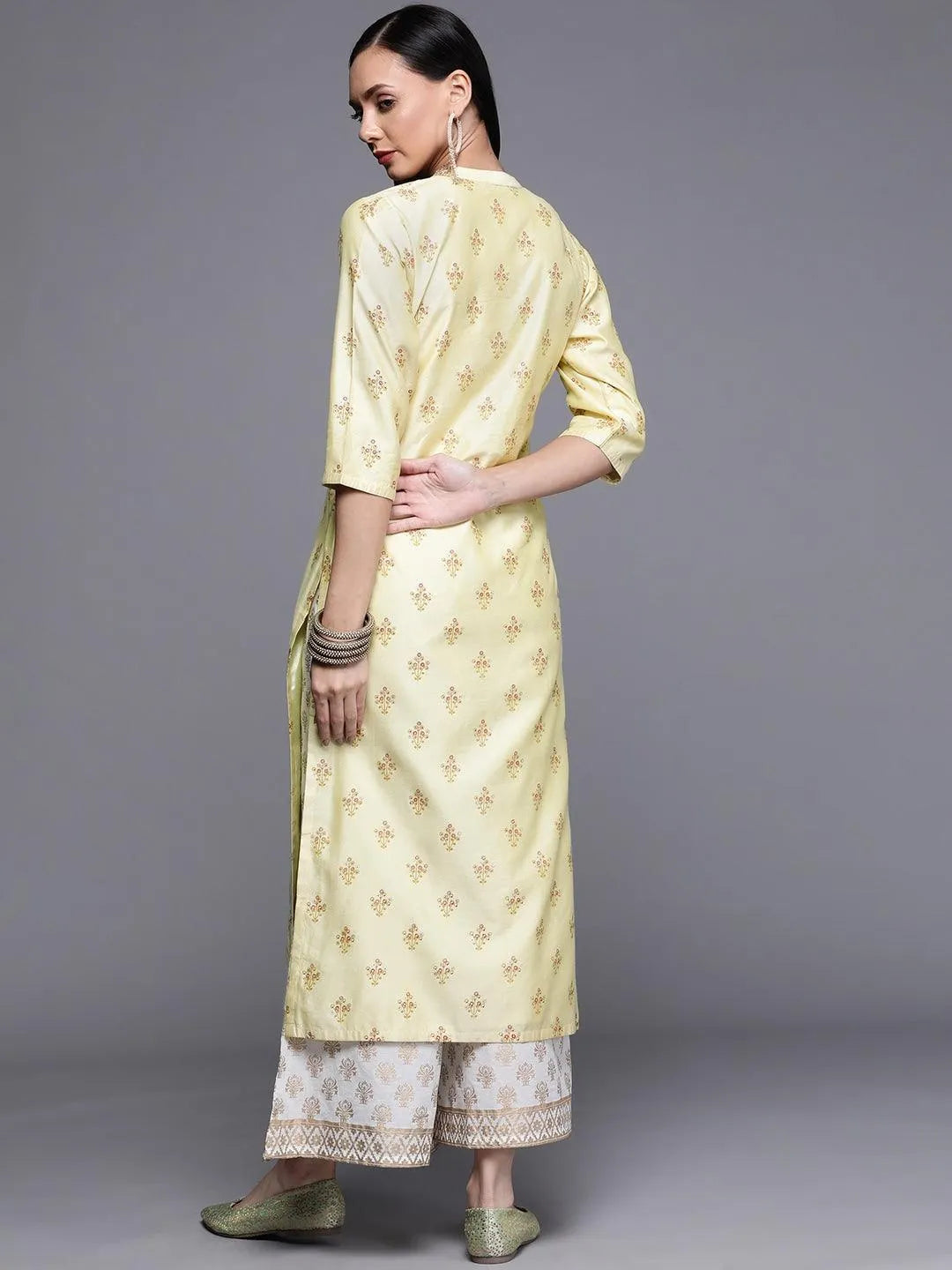 Yellow Printed Chanderi Silk Kurta - Libas 