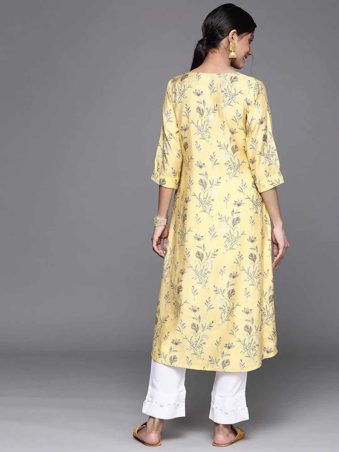 Yellow Printed Chanderi Silk Kurta - Libas 