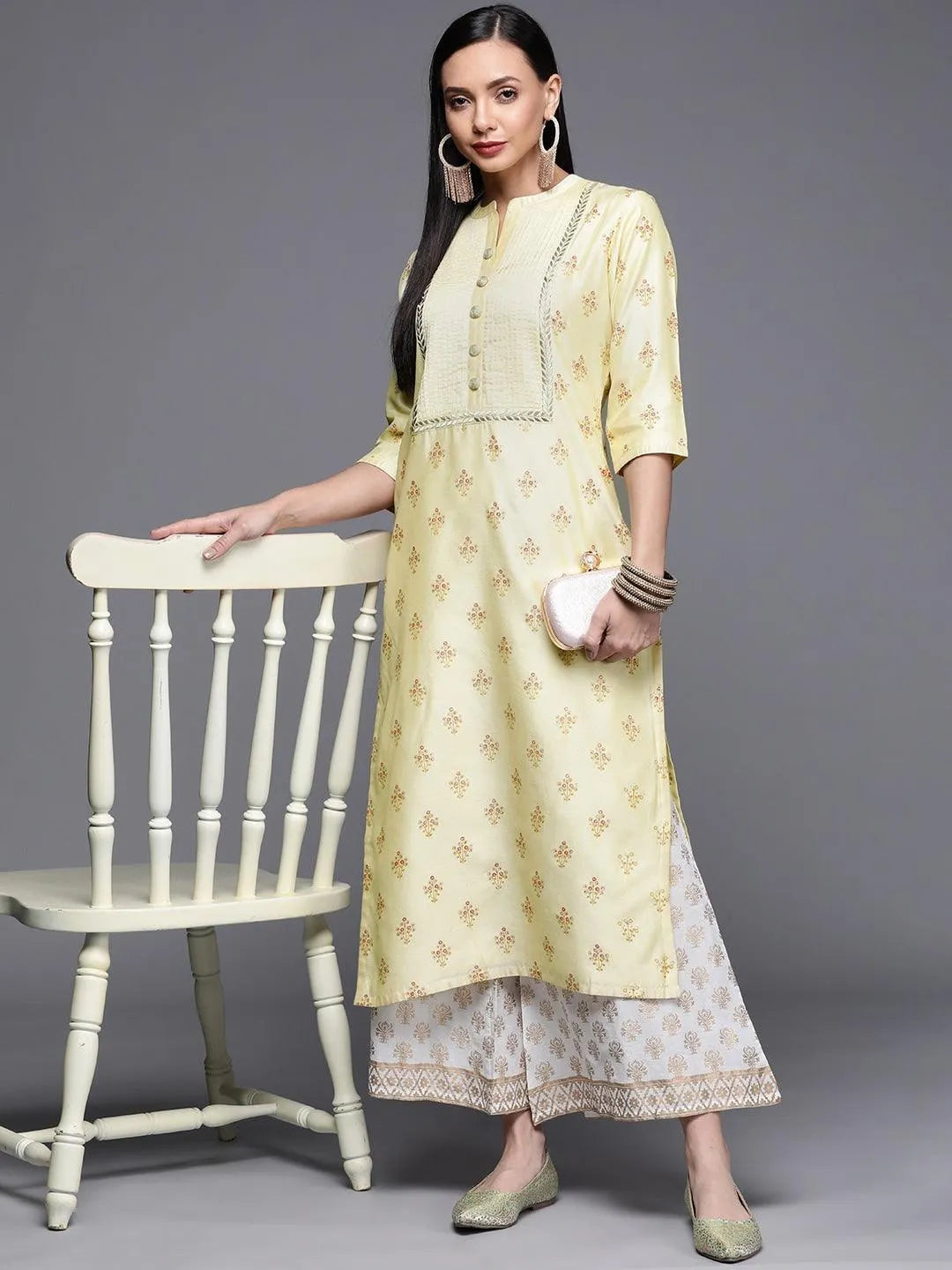 Yellow Printed Chanderi Silk Kurta - Libas 