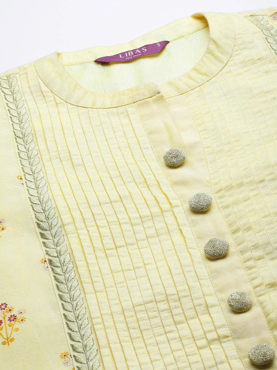 Yellow Printed Chanderi Silk Kurta - Libas 