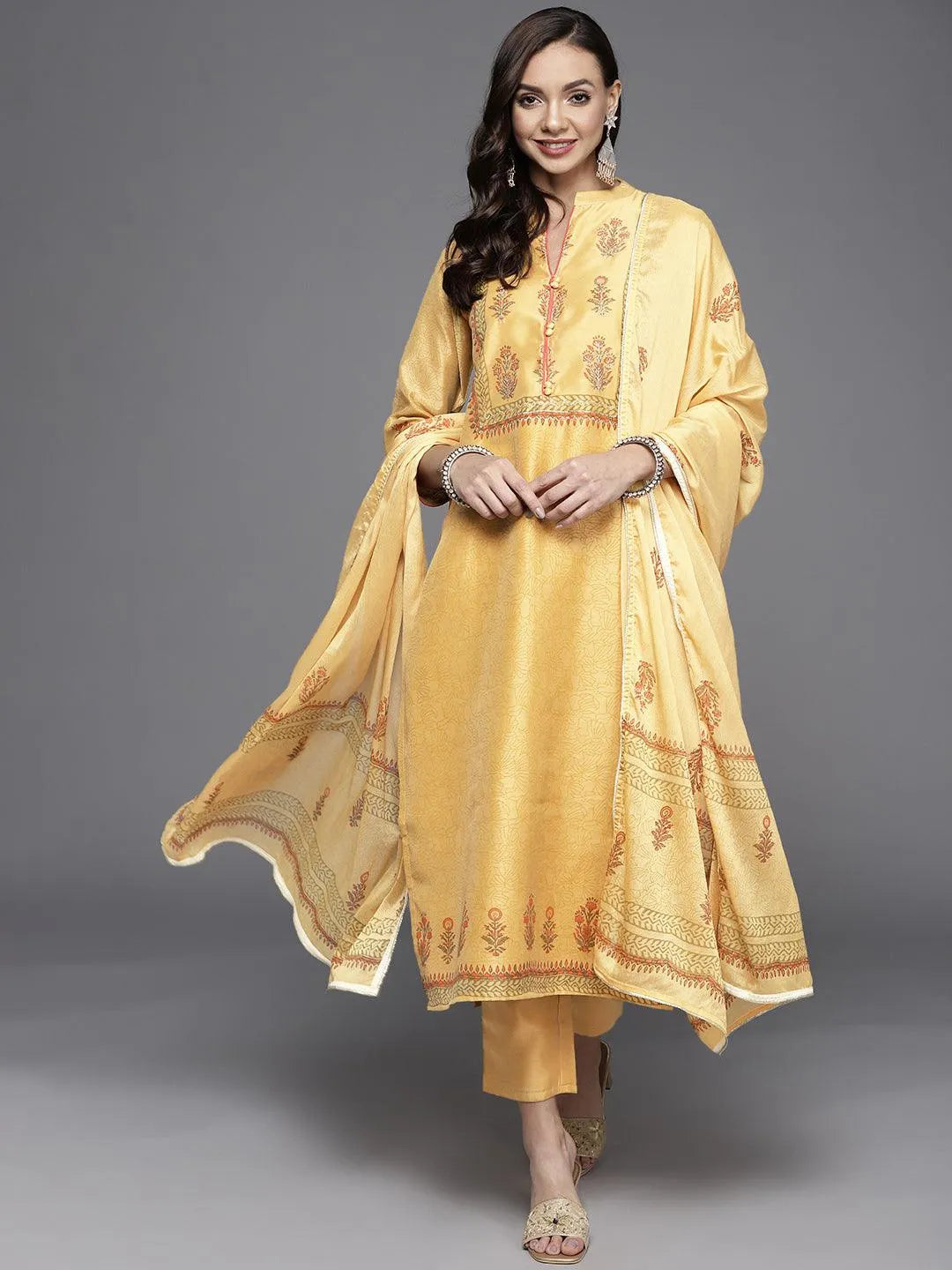 Yellow Printed Chanderi Silk Suit Set - Libas