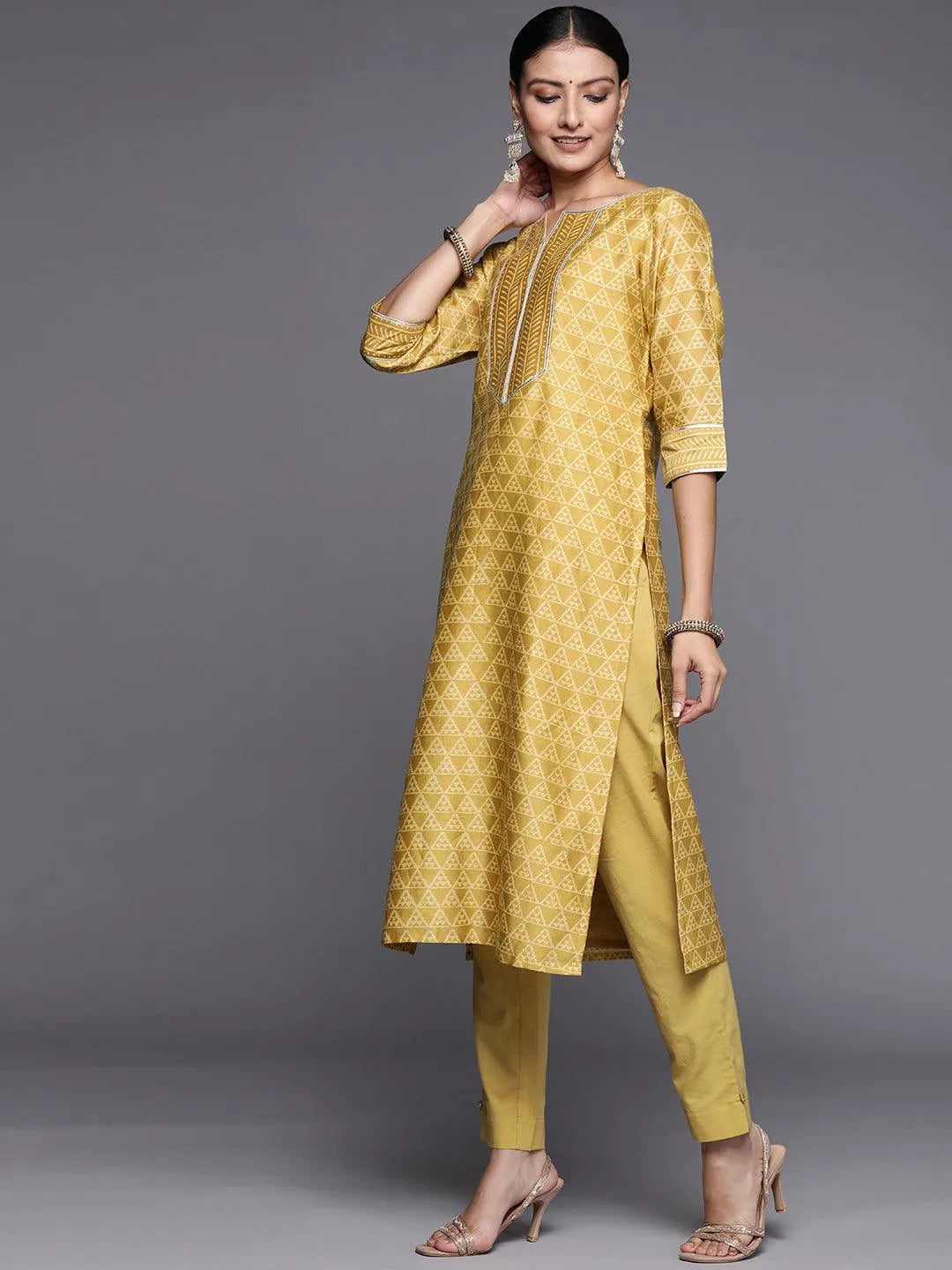 Yellow Printed Chanderi Silk Straight Suit Set - Libas 