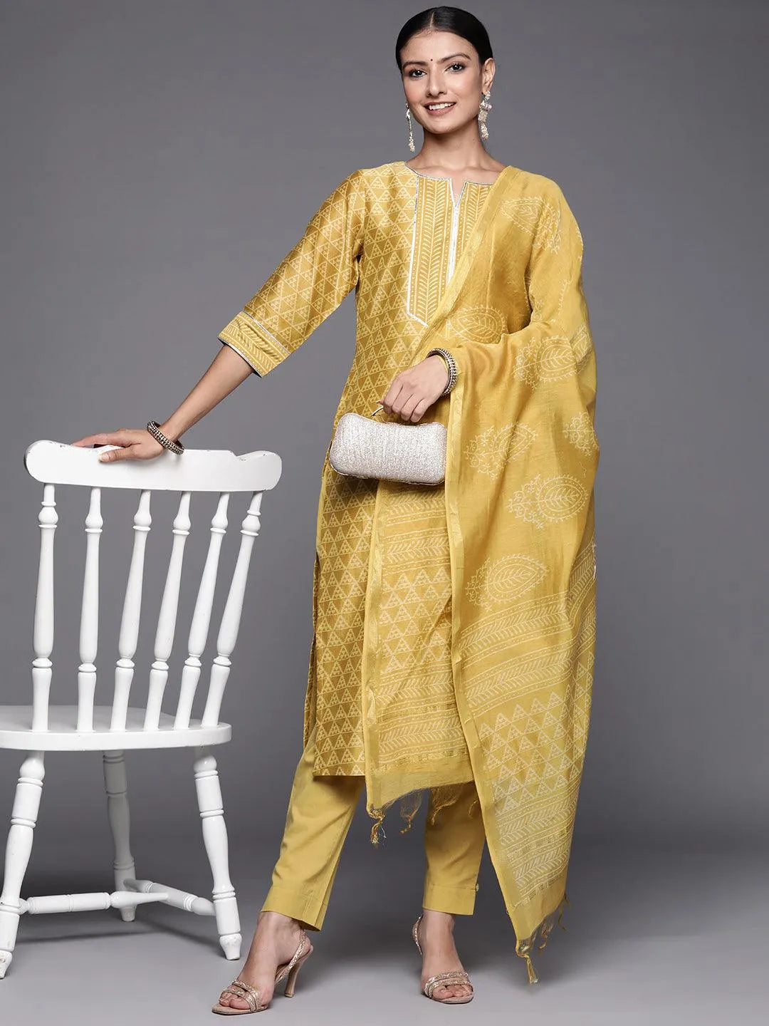 Yellow Printed Chanderi Silk Straight Suit Set - Libas 