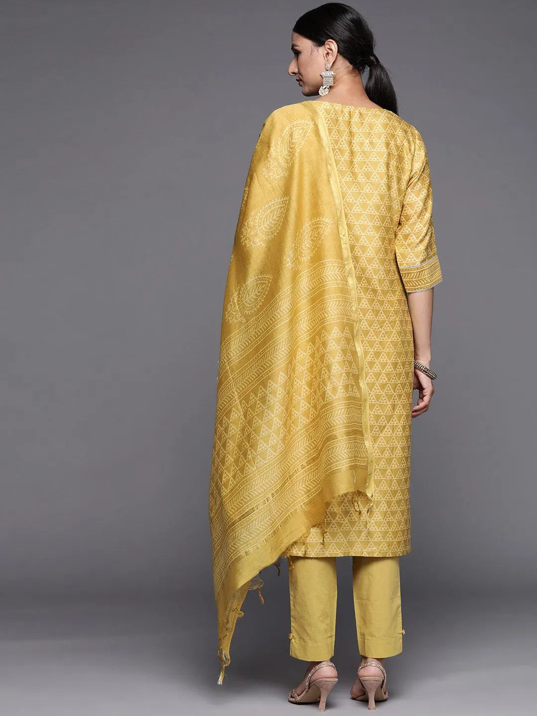 Yellow Printed Chanderi Silk Straight Suit Set - Libas 