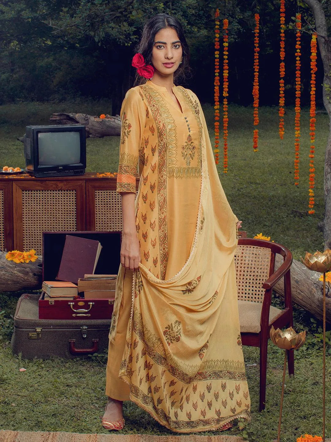 Yellow Printed Chanderi Silk Suit Set - Libas