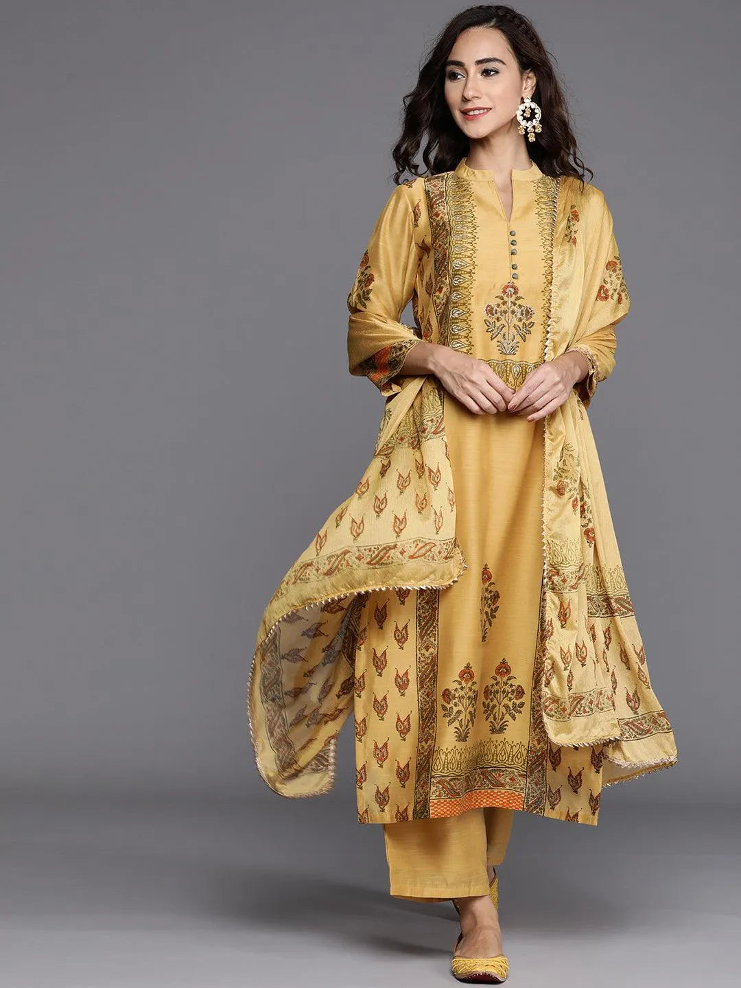 Yellow Printed Chanderi Silk Suit Set - Libas 