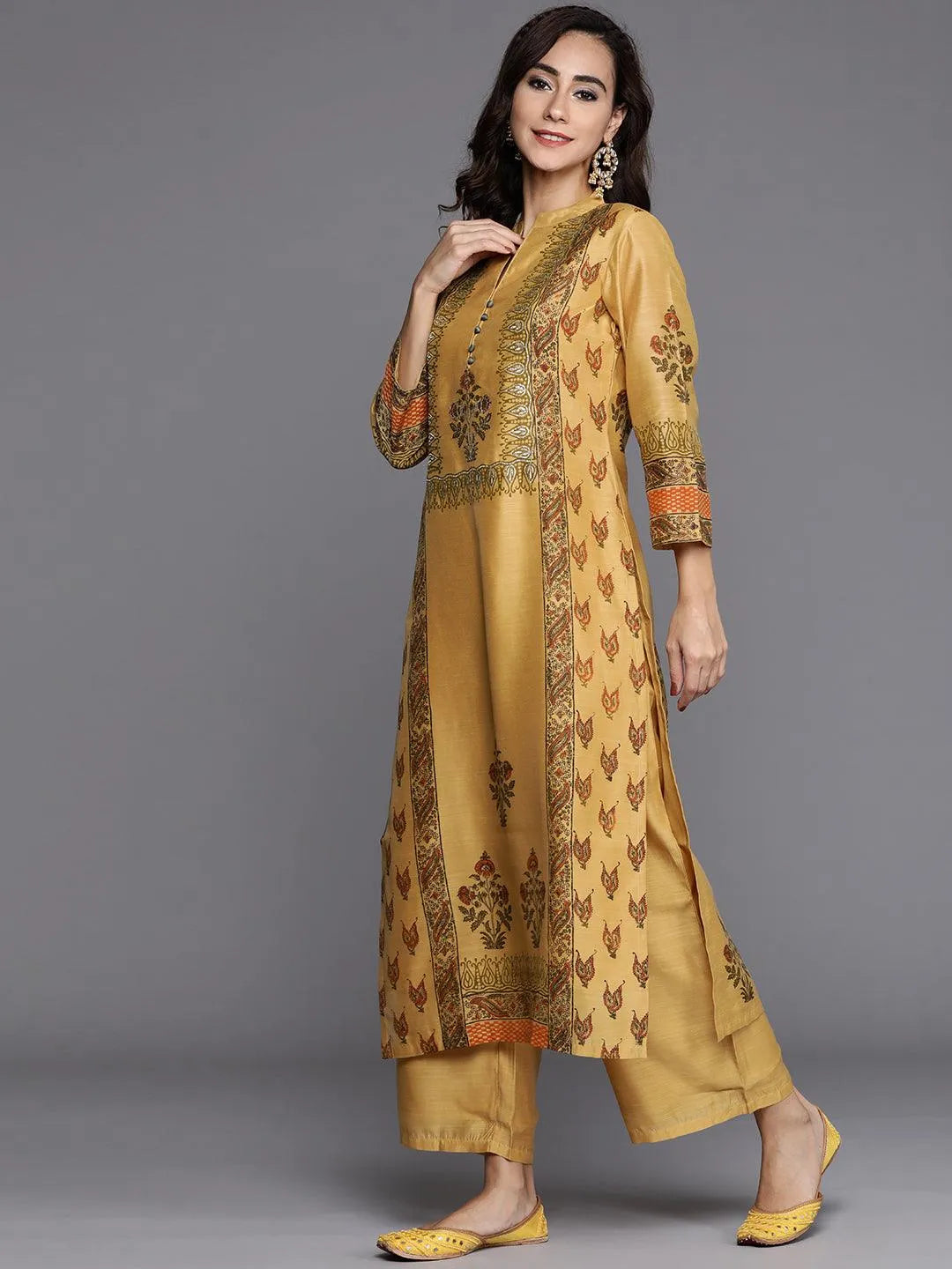 Yellow Printed Chanderi Silk Suit Set - Libas 