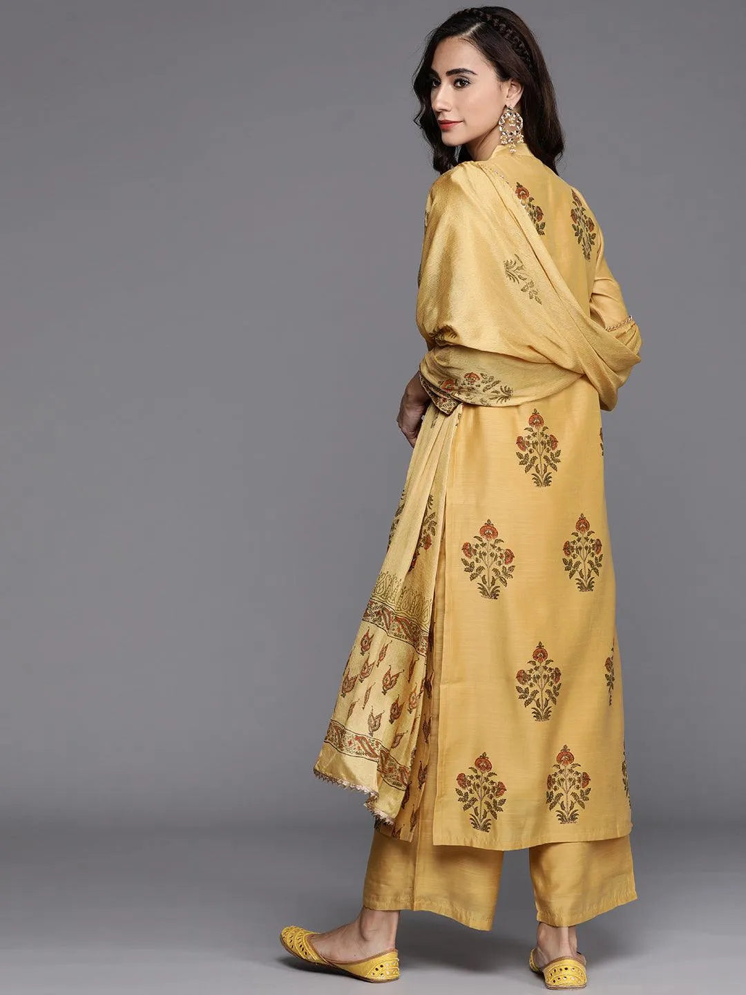 Yellow Printed Chanderi Silk Suit Set - Libas 