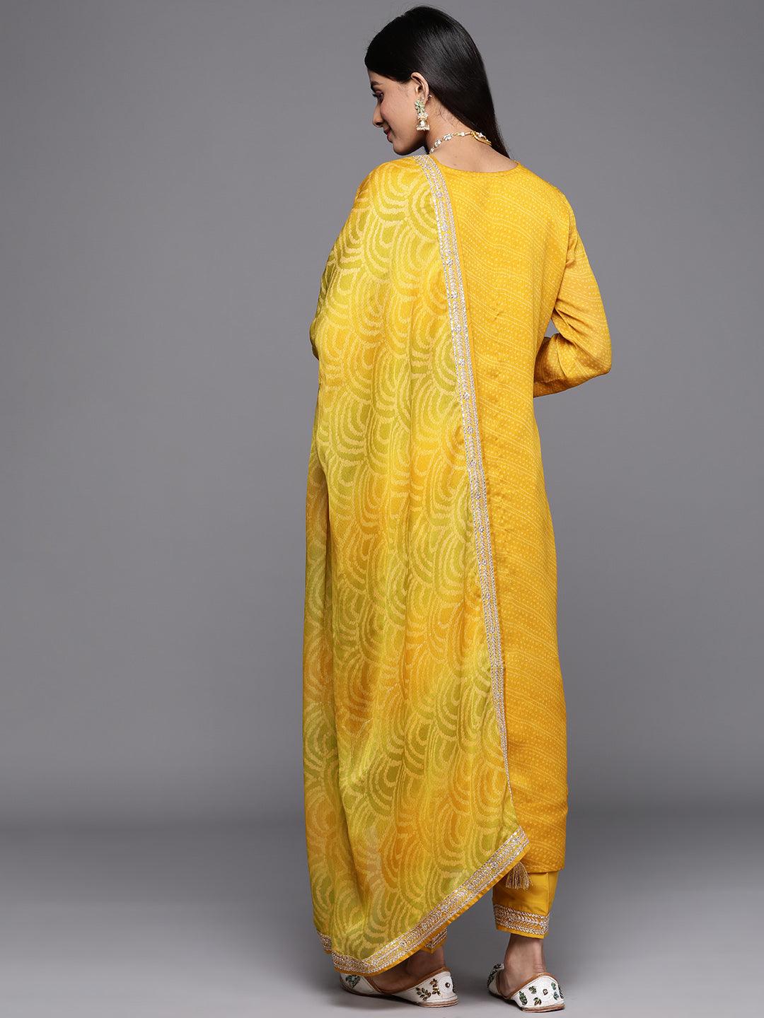 Yellow Printed Chiffon Straight Kurta With Trousers & Dupatta