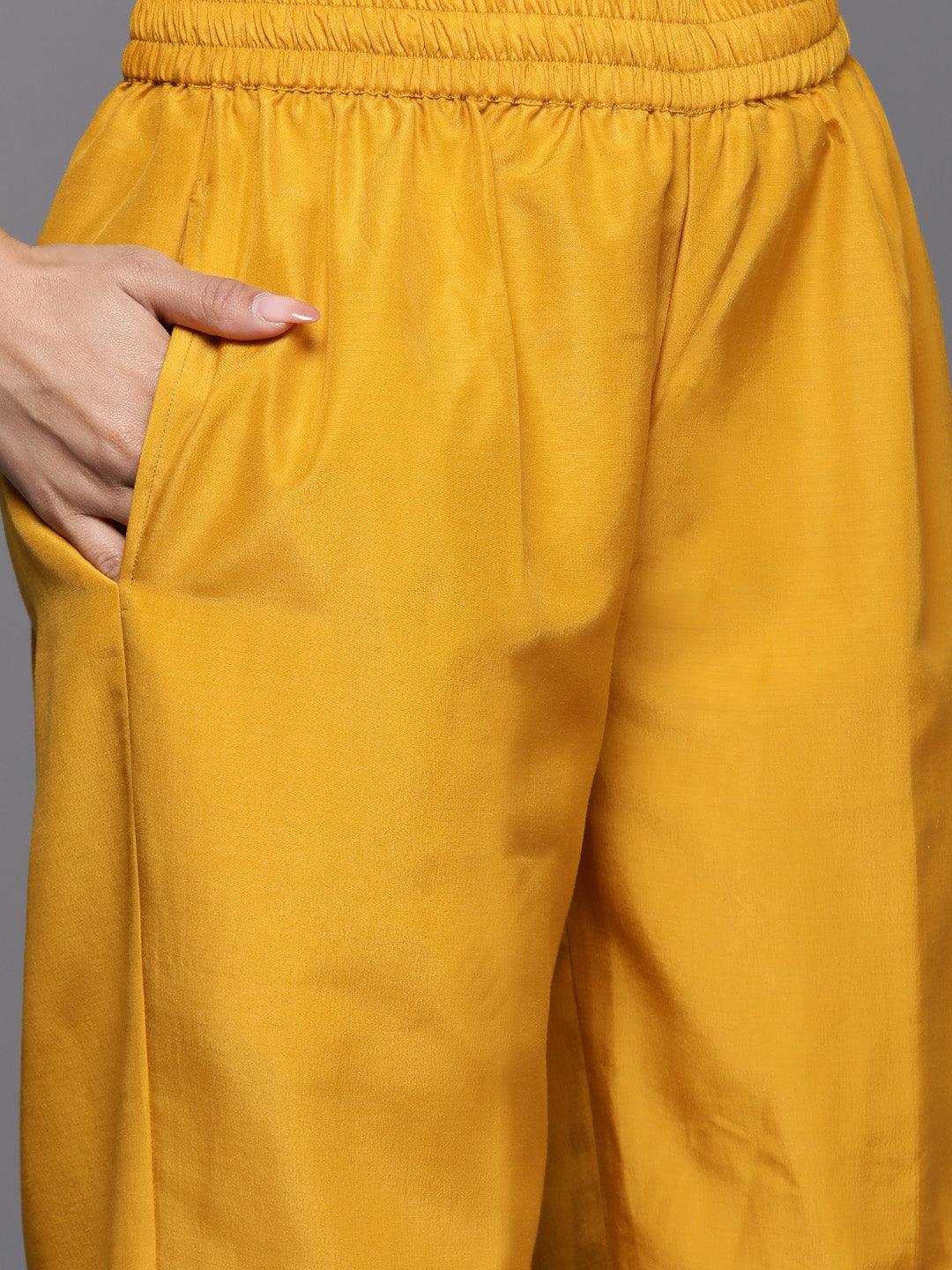 Yellow Printed Chiffon Straight Kurta With Trousers & Dupatta