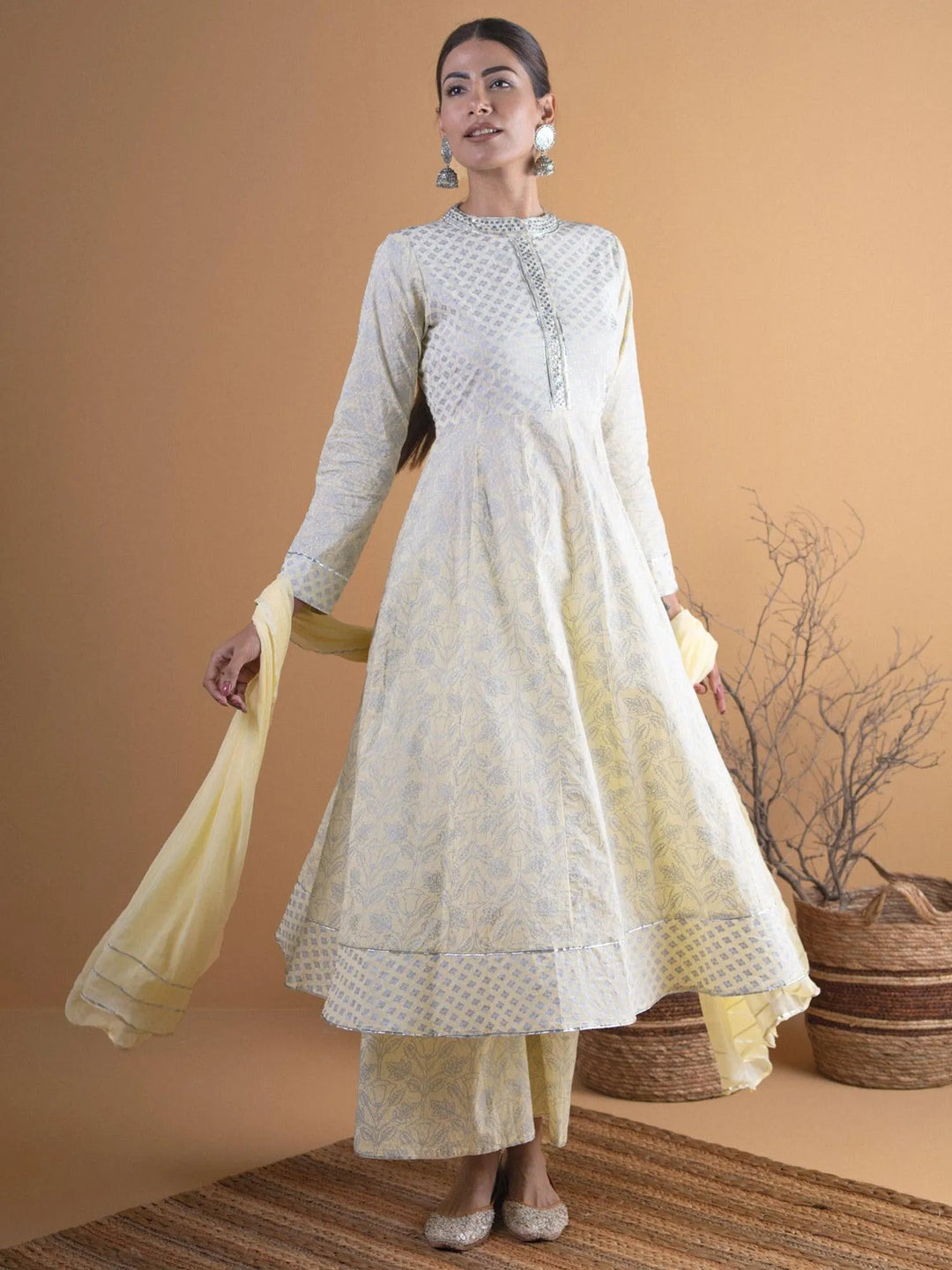 Pastel Yellow Printed Cotton Suit Set - Libas 