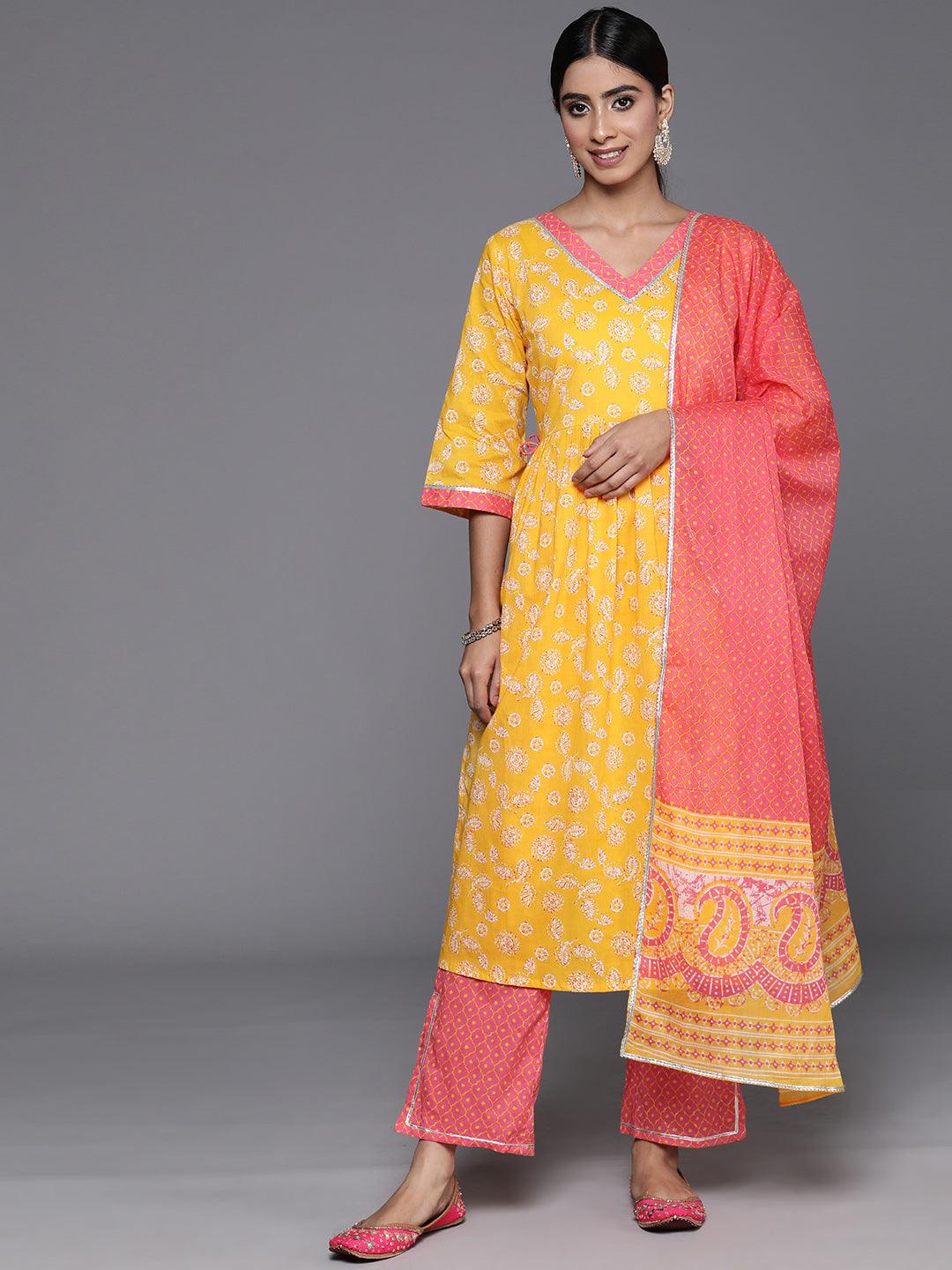 Yellow Printed Cotton A-Line Kurta With Palazzos & Dupatta - Libas 