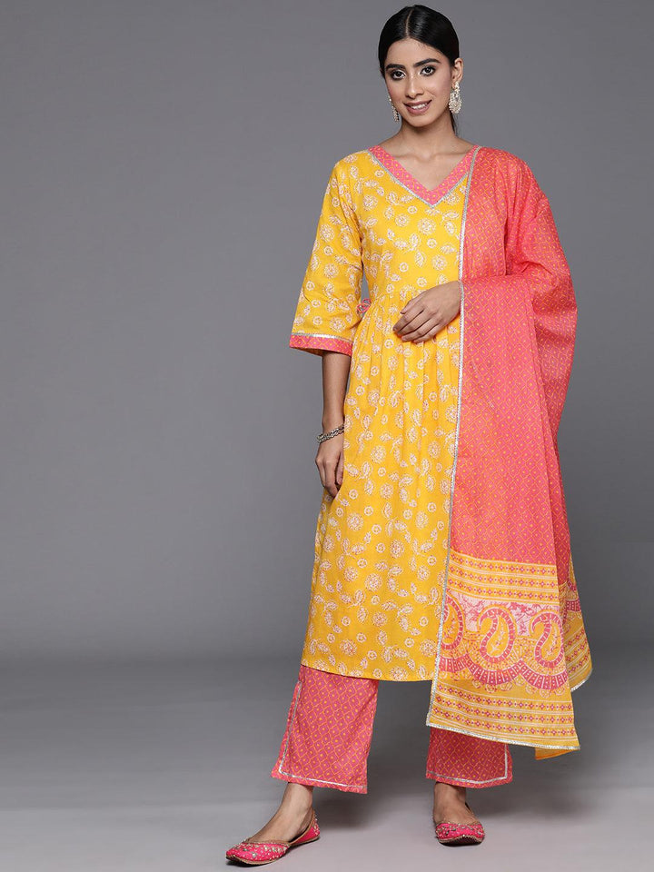 Yellow Printed Cotton A-Line Kurta With Palazzos & Dupatta - Libas