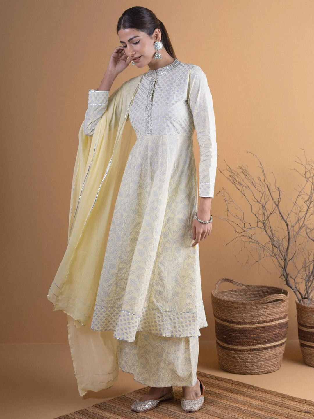 Pastel Yellow Printed Cotton Suit Set - Libas 