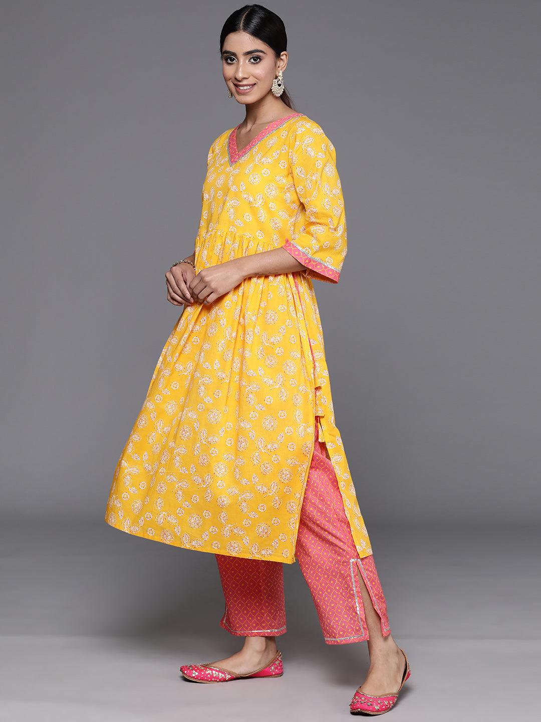 Yellow Printed Cotton A-Line Kurta With Palazzos & Dupatta - Libas 