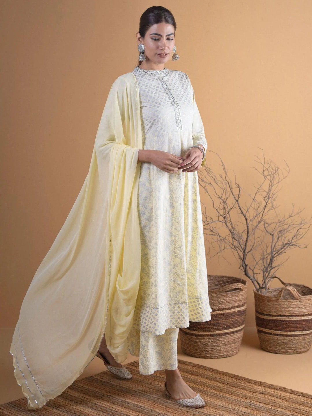 Pastel Yellow Printed Cotton Suit Set - Libas 