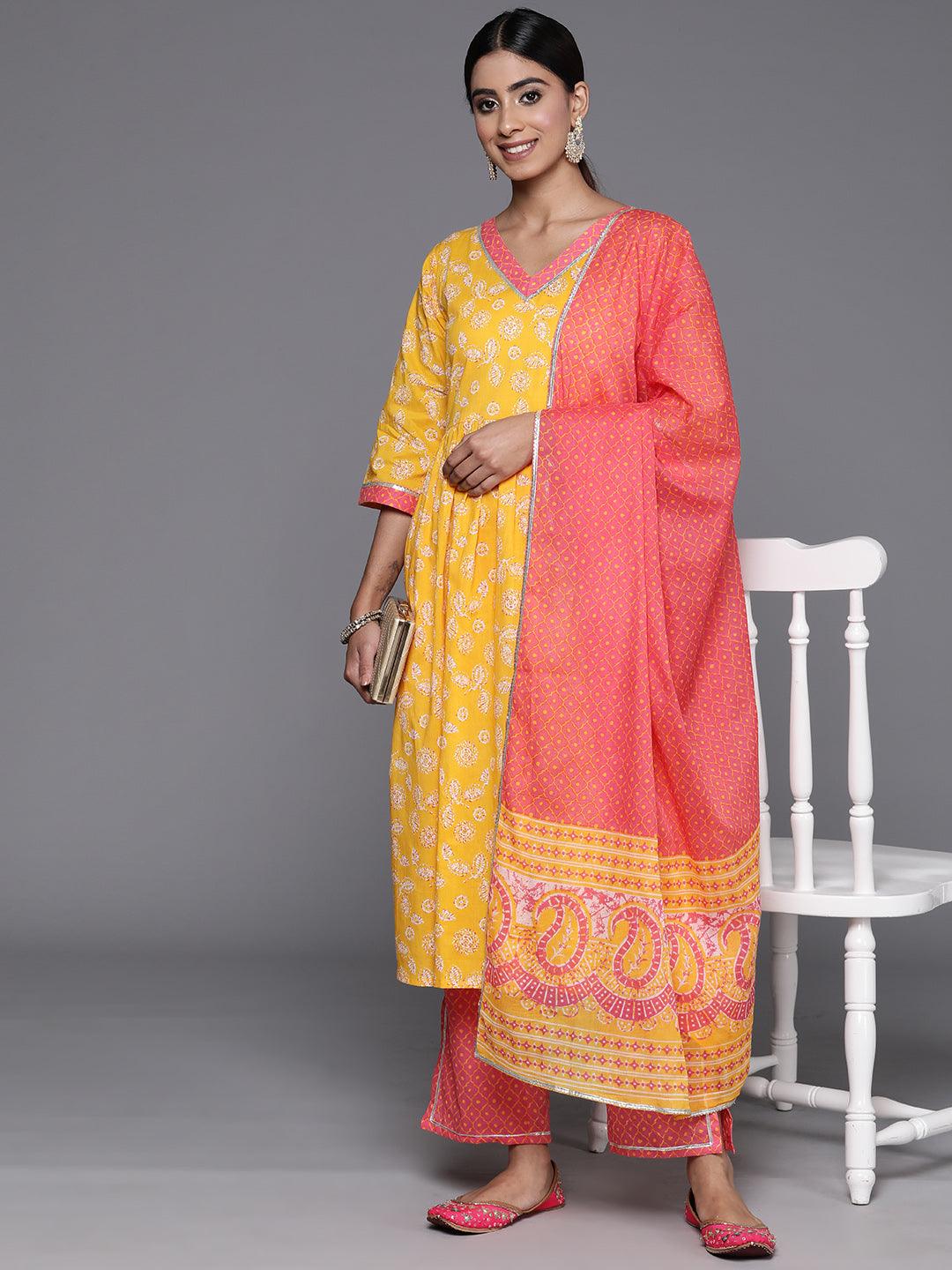 Yellow Printed Cotton A-Line Kurta With Palazzos & Dupatta - Libas 