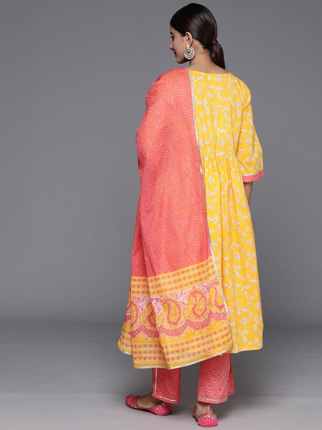 Yellow Printed Cotton A-Line Kurta With Palazzos & Dupatta - Libas