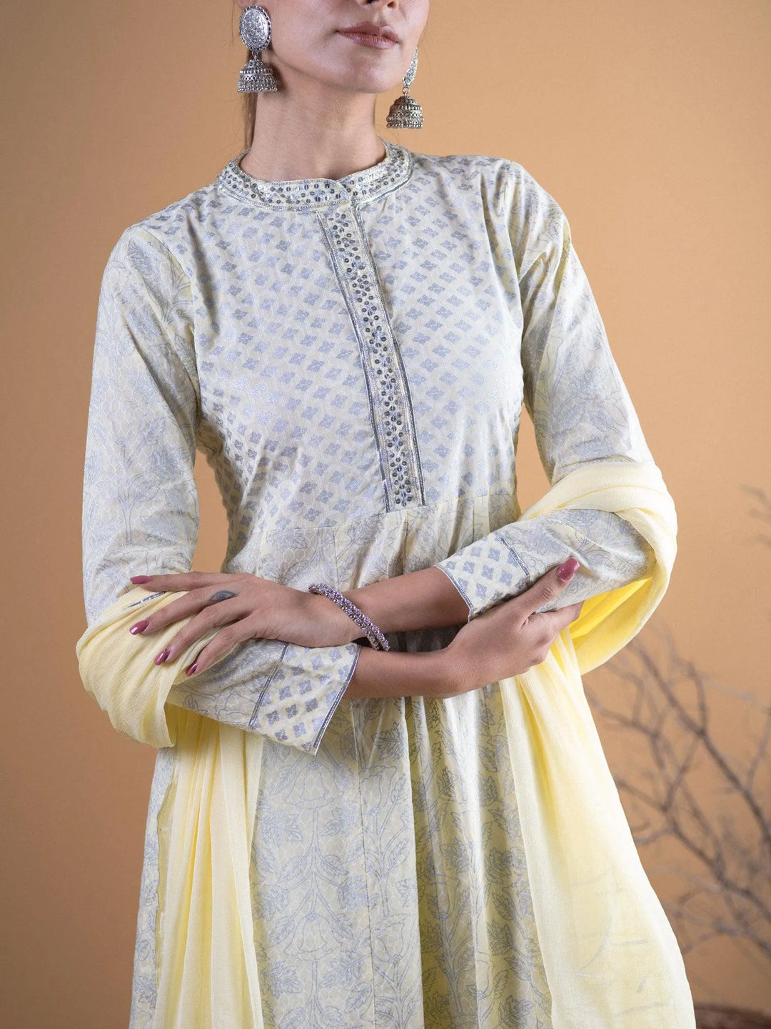 Pastel Yellow Printed Cotton Suit Set - Libas 