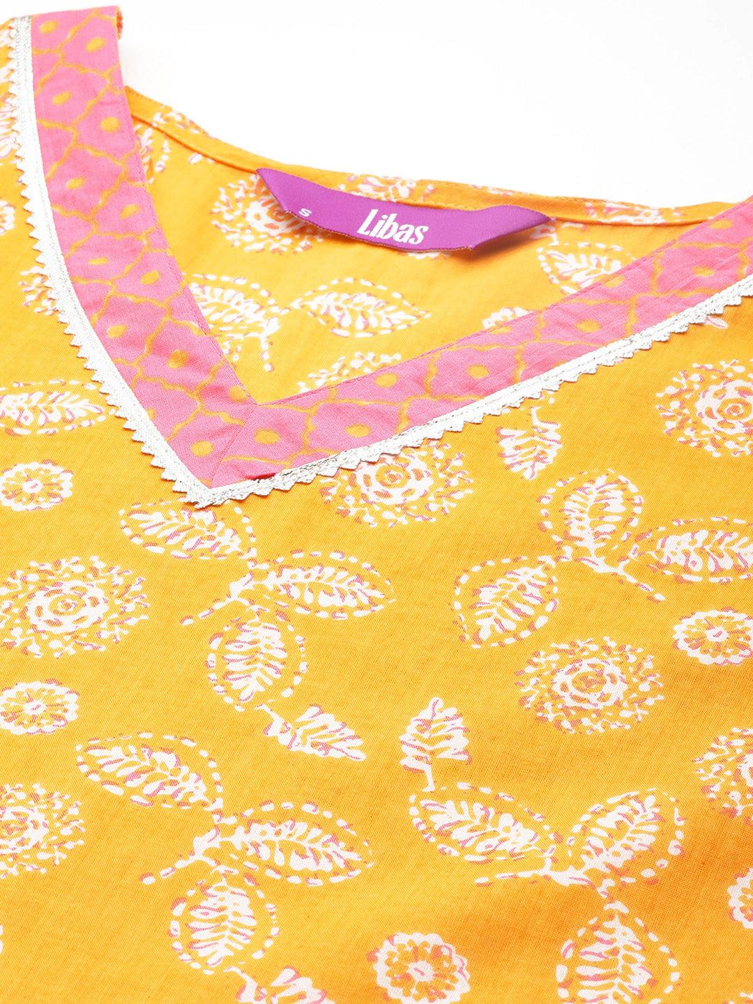 Yellow Printed Cotton A-Line Kurta With Palazzos & Dupatta - Libas 