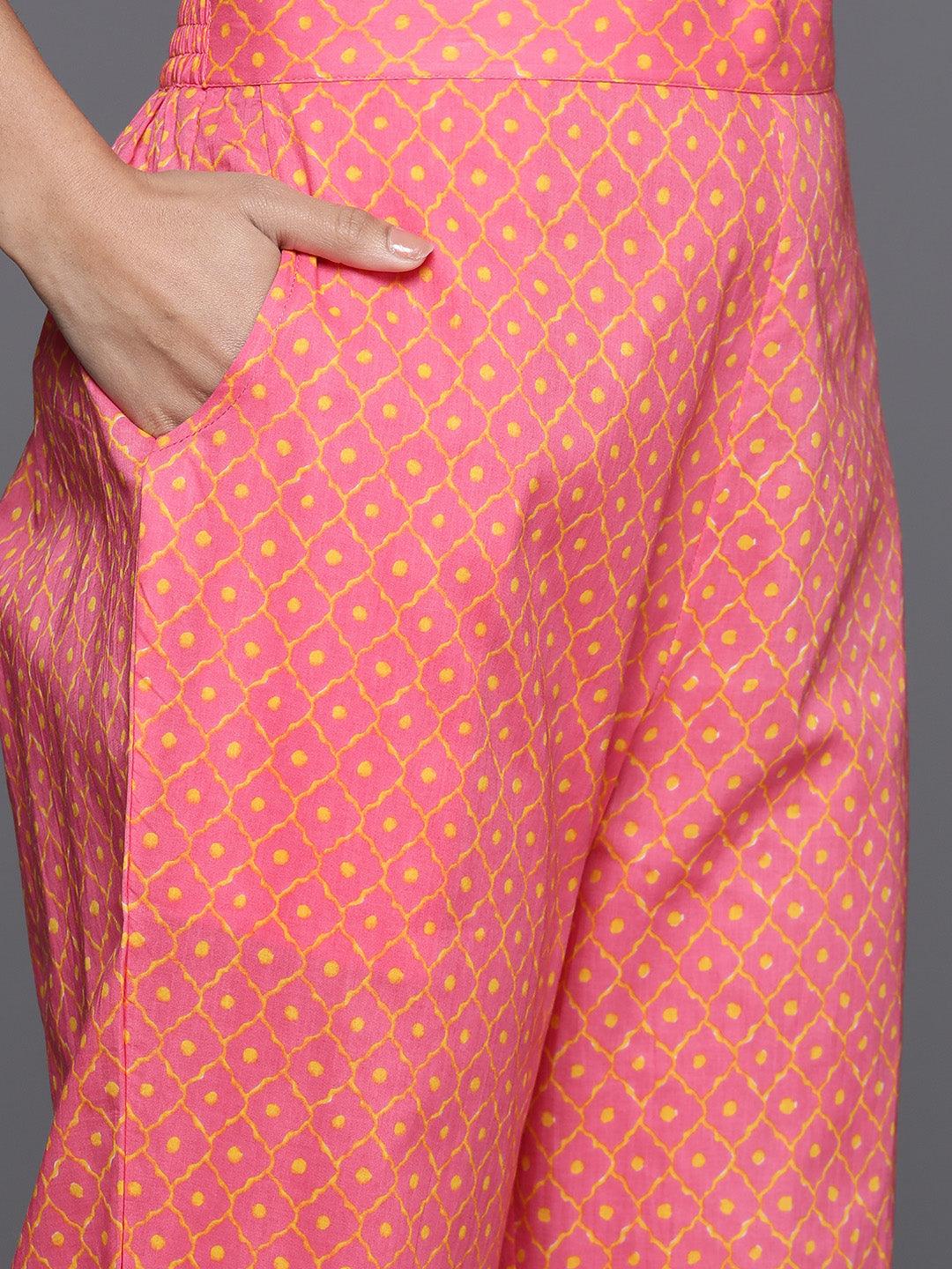 Yellow Printed Cotton A-Line Kurta With Palazzos & Dupatta - Libas