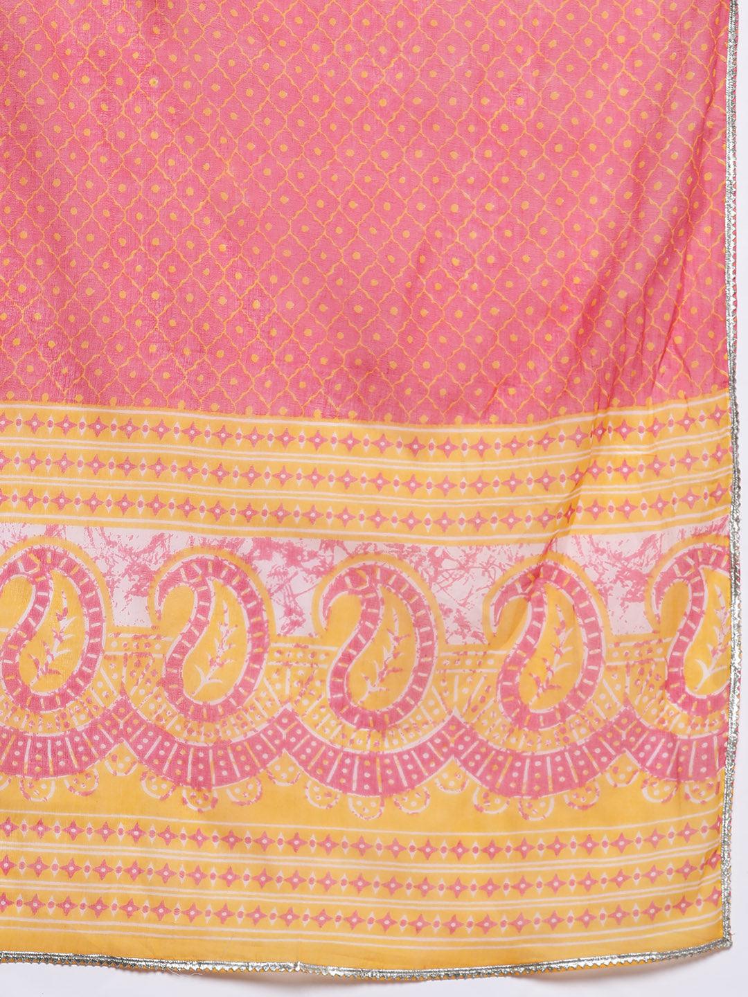 Yellow Printed Cotton A-Line Kurta With Palazzos & Dupatta - Libas 