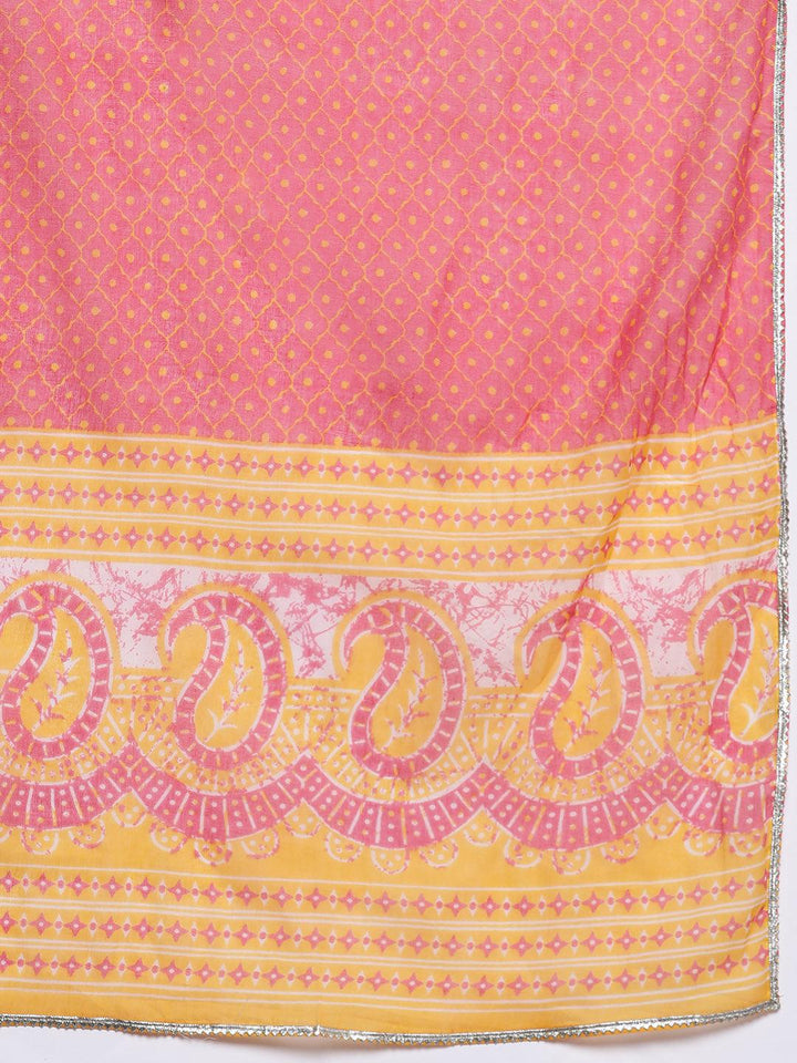 Yellow Printed Cotton A-Line Kurta With Palazzos & Dupatta - Libas