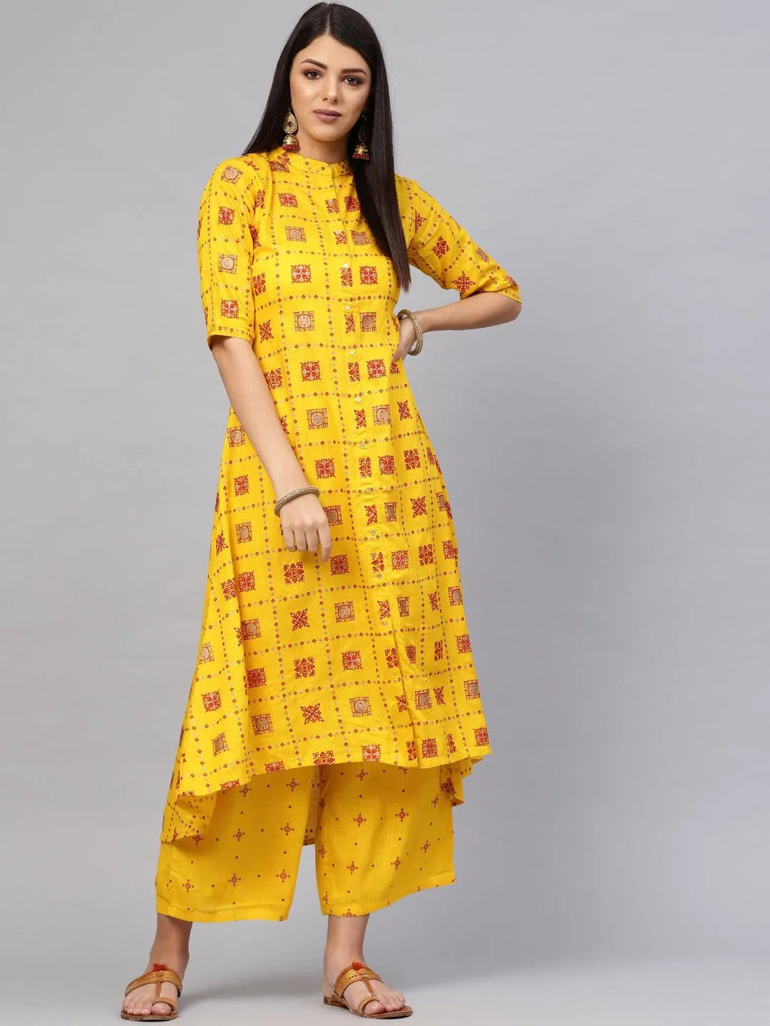 Yellow Printed Cotton Blend Kurta Set - Libas