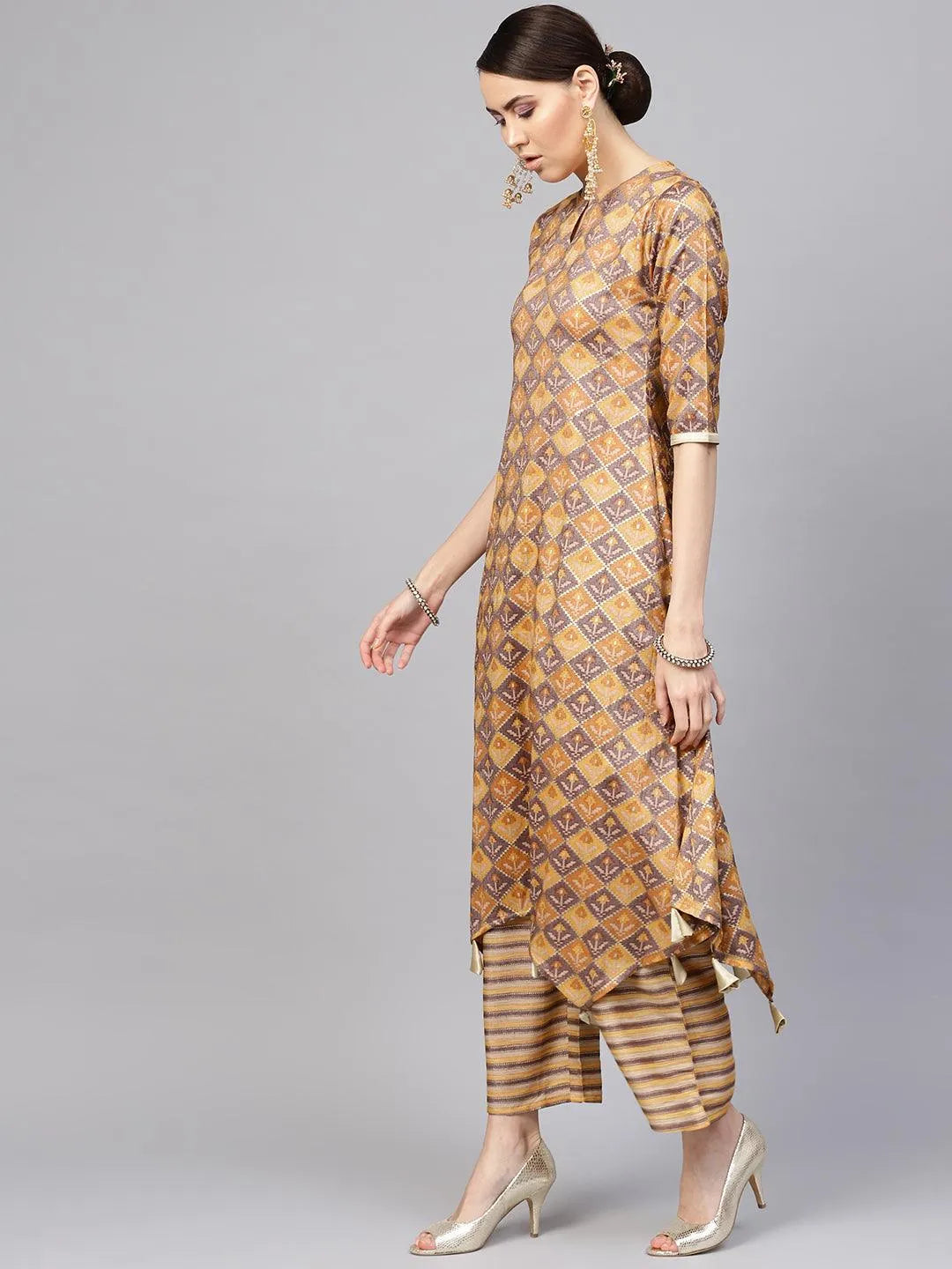 Yellow Printed Cotton Blend Kurta Set - Libas