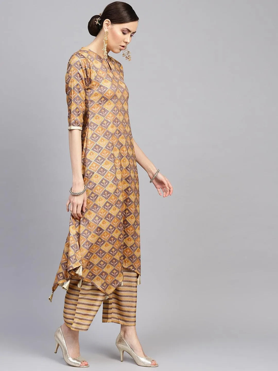 Yellow Printed Cotton Blend Kurta Set - Libas 