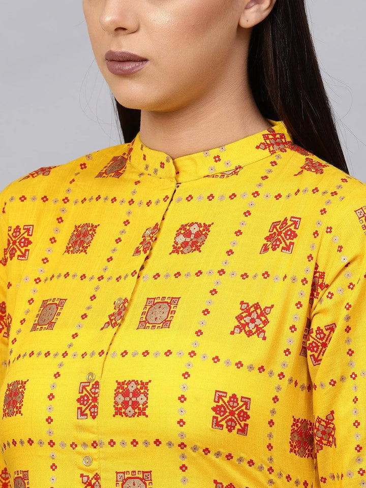 Yellow Printed Cotton Blend Kurta Set - Libas