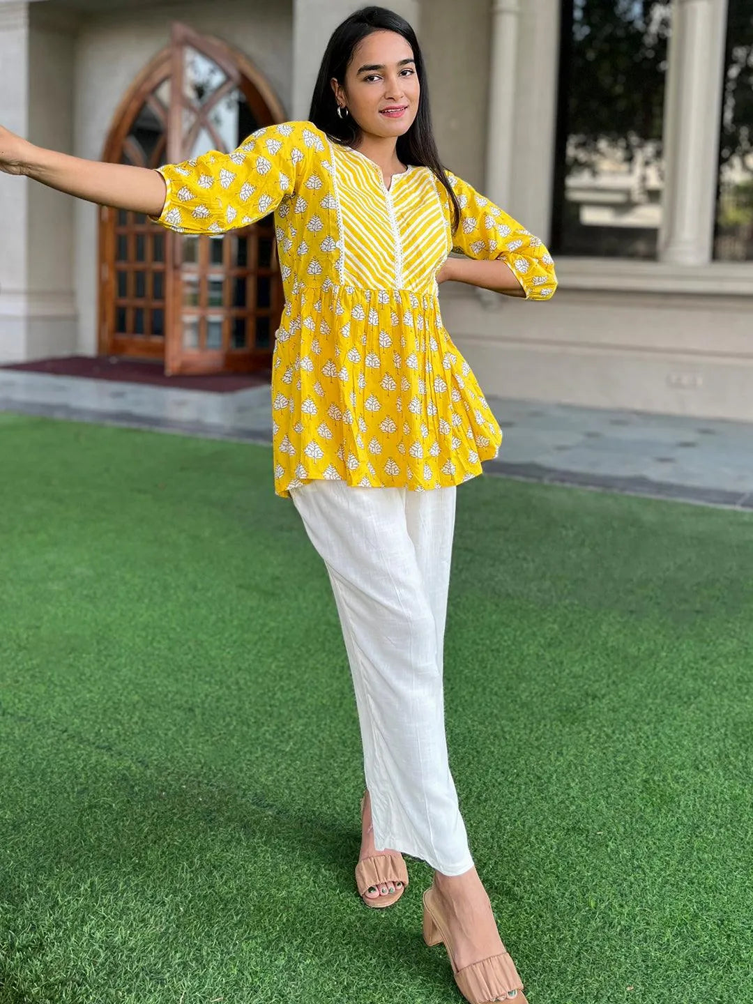 Yellow Printed Cotton A-Line Kurti - Libas 