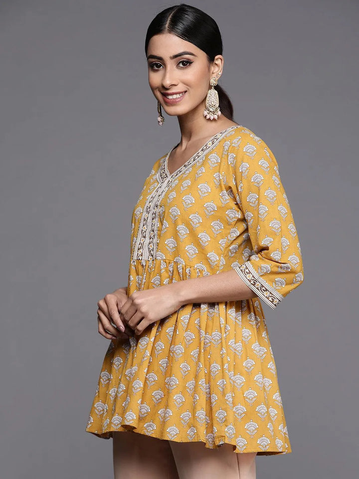 Yellow Printed Cotton A-Line Kurti - Libas