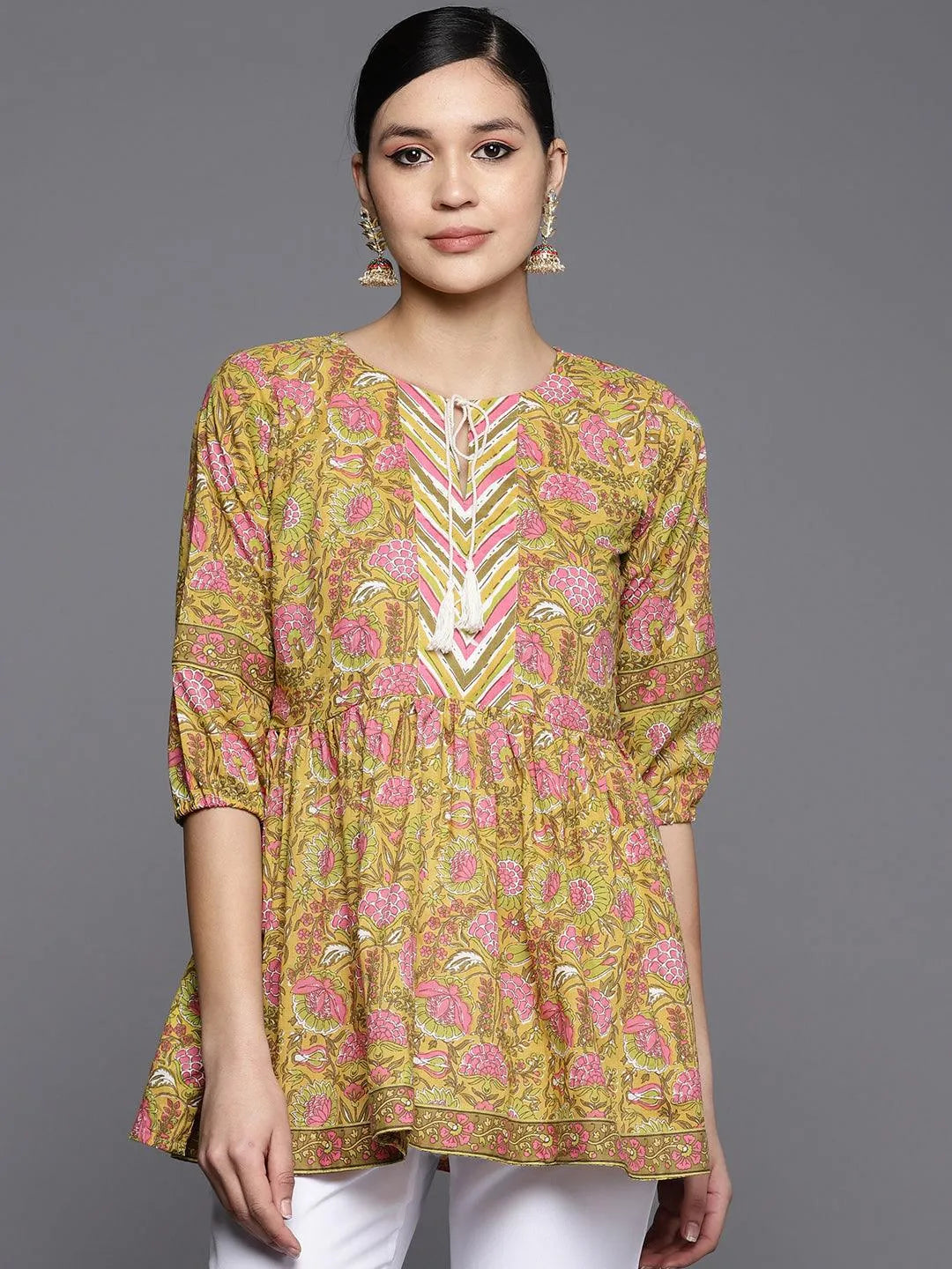 Yellow Printed Cotton A-Line Kurti - Libas 