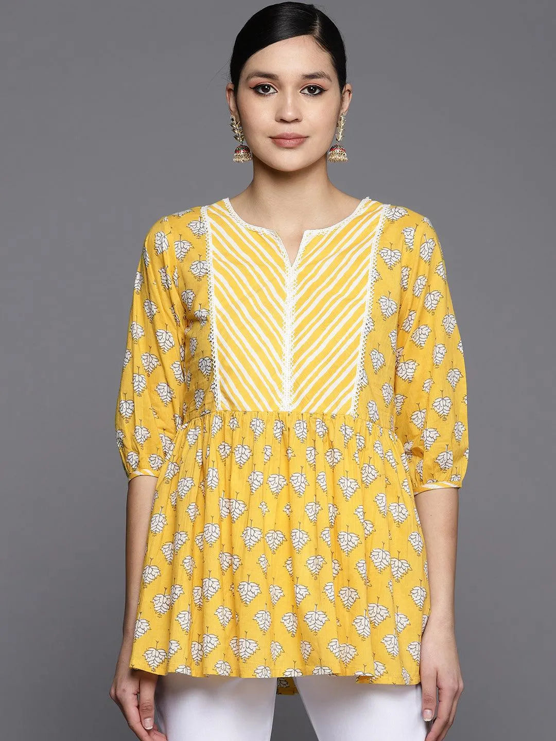 Yellow Printed Cotton A-Line Kurti - Libas