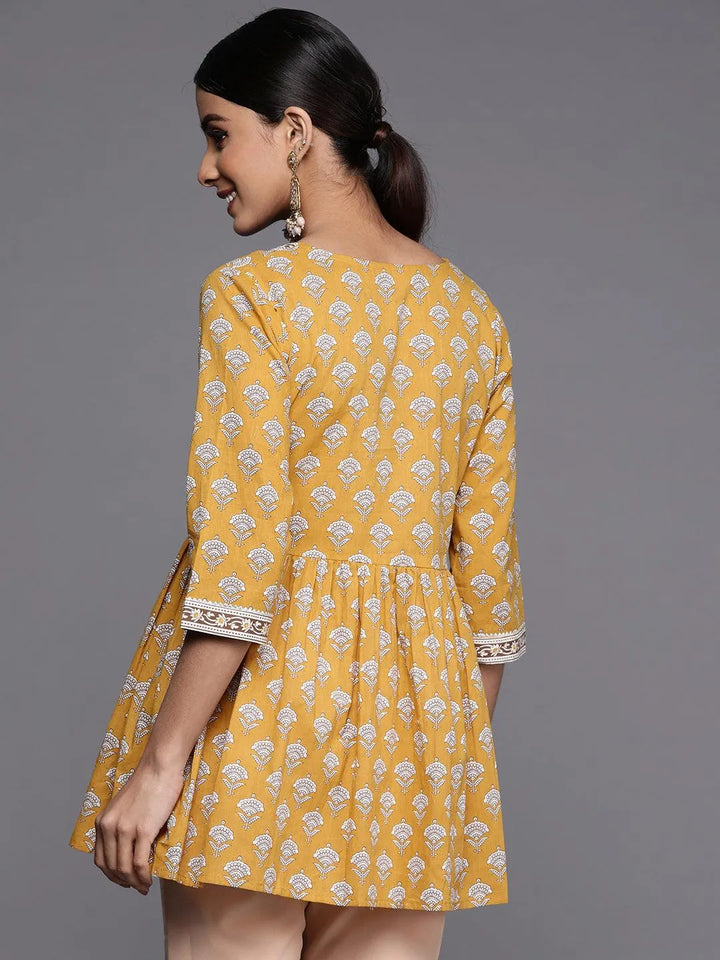 Yellow Printed Cotton A-Line Kurti - Libas