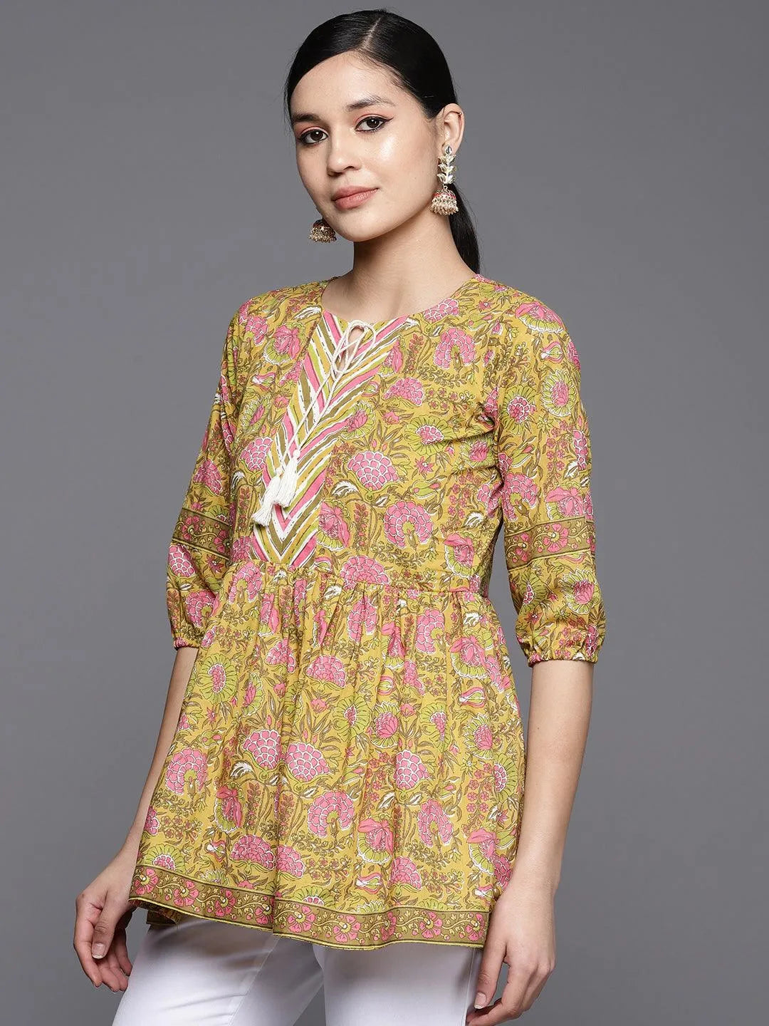 Yellow Printed Cotton A-Line Kurti - Libas 