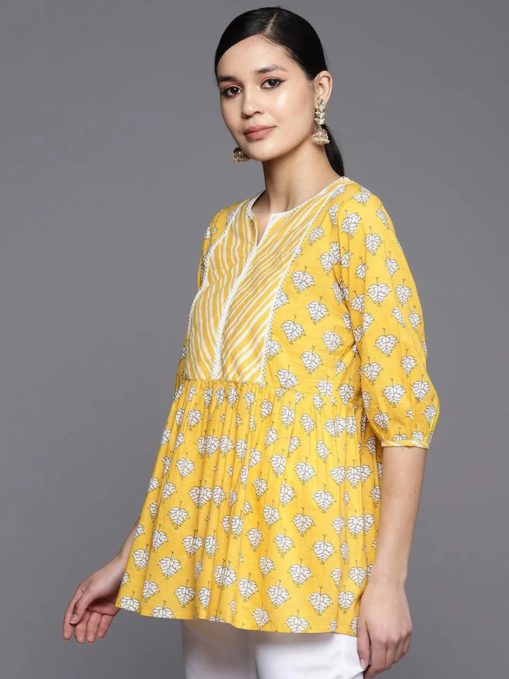 Yellow Printed Cotton A-Line Kurti - Libas