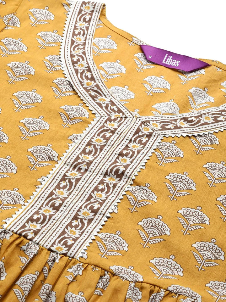 Yellow Printed Cotton A-Line Kurti - Libas