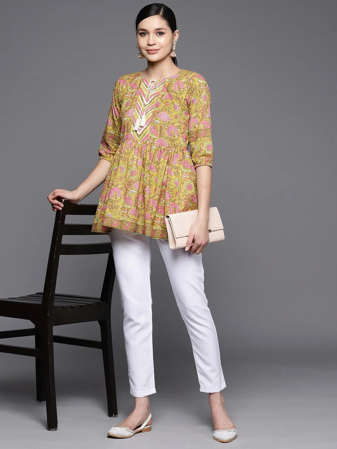 Yellow Printed Cotton A-Line Kurti - Libas 