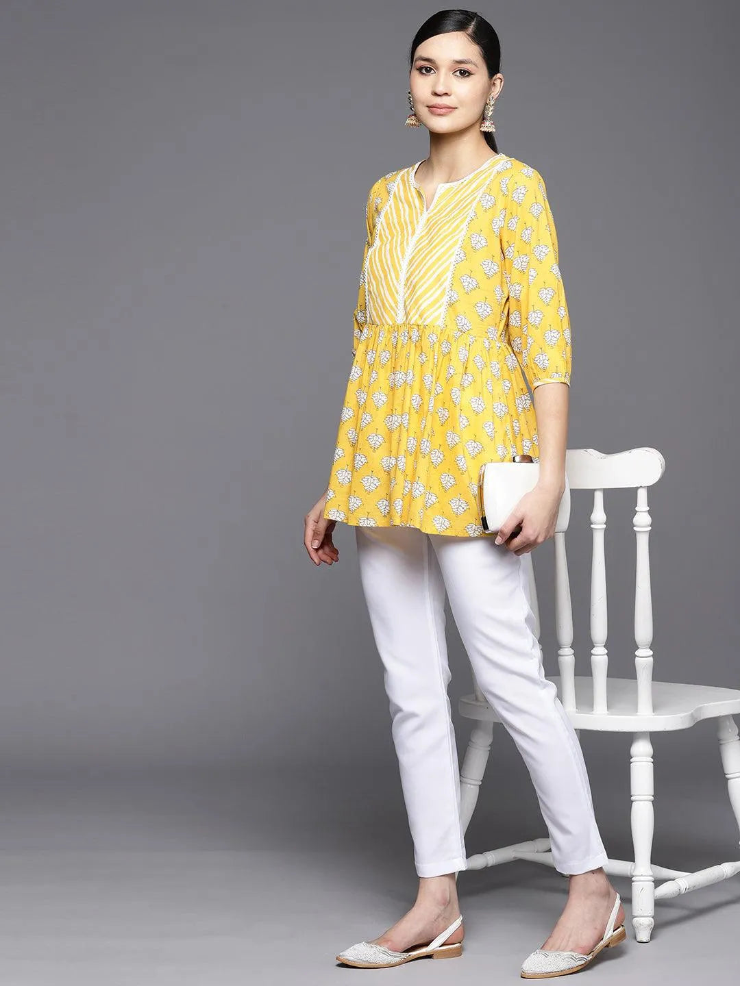 Yellow Printed Cotton A-Line Kurti - Libas 